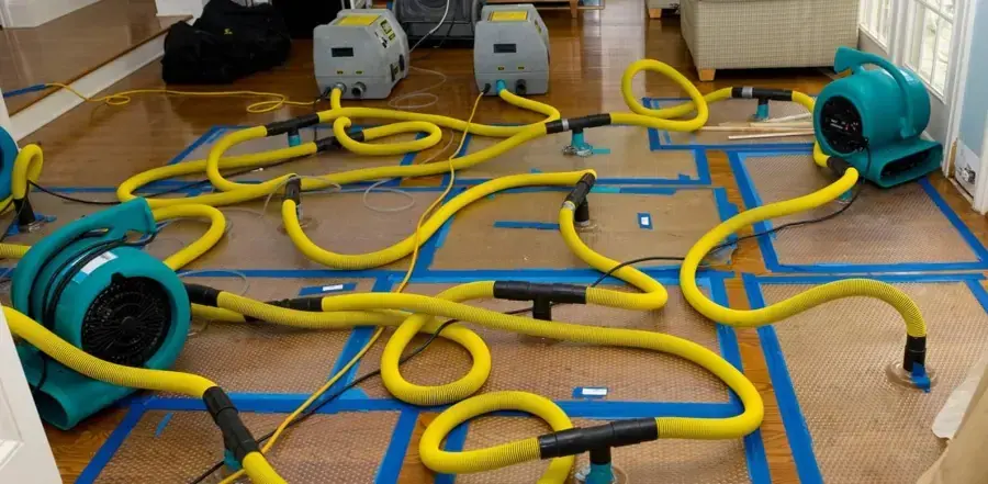 Drying mats and yellow hoses taped down across a hardwood floor with air movers